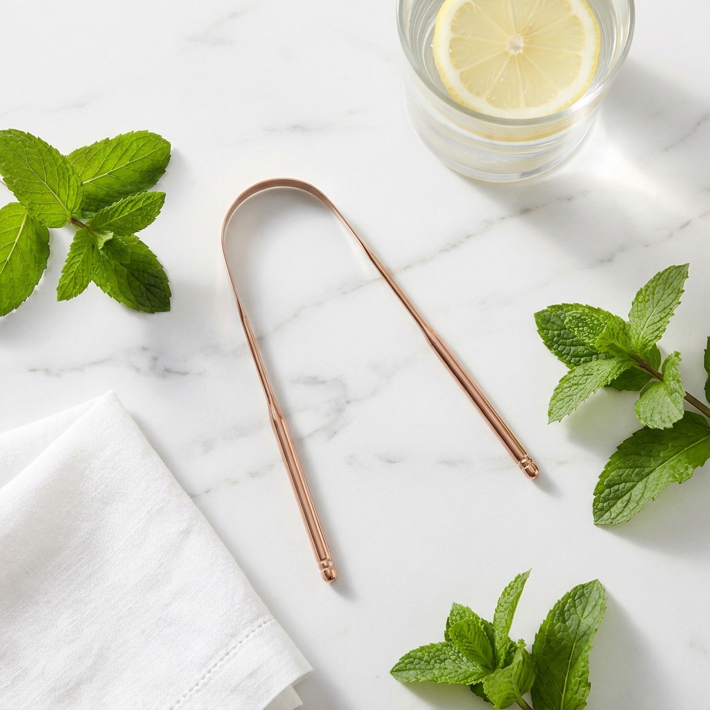 Velle Stainless Steel Tongue Scraper on marble with mint leaves