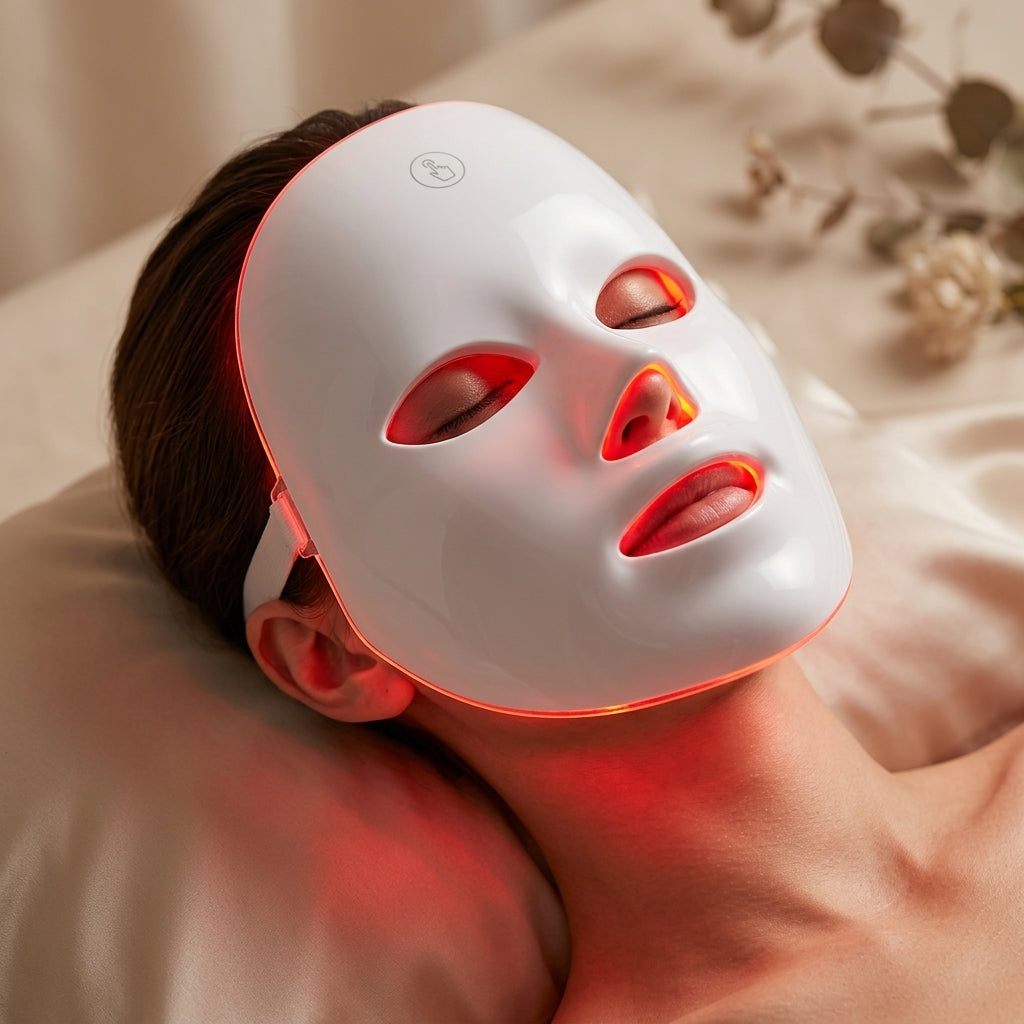 Model wearing Velle LED Photon Light Therapy Mask with red light